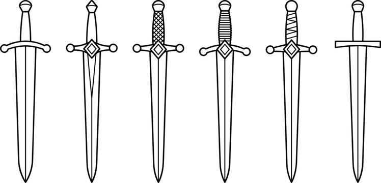Minimalist line art vector outline set of medieval swords and fantasy daggers for gaming user interface icons