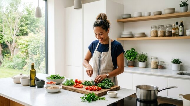 A woman in an apron, cutting vegetables on a wooden cutting board in a well-lit kitchen with shelves of jars and herbs.