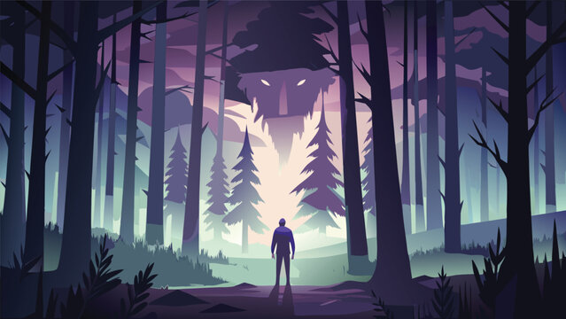 Person standing alone in a dark pine forest looking at eerie glowing eyes with silhouette adventure supernatural landscape darkness illustration standing wilderness atmosphere solitude