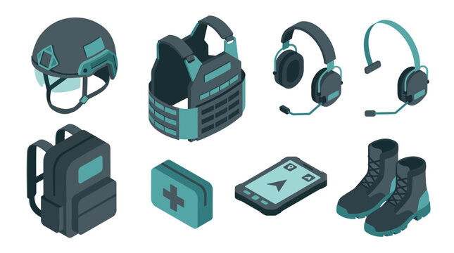 Modern premium isometric tactical equipment and military gear vector icon set