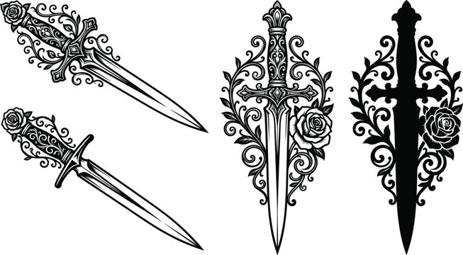 Ornate fantasy dagger and rose tattoo flash vector line art set for gothic design elements