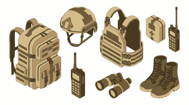 Isometric tactical equipment and military gear set, desert khaki army uniform elements vector illustration