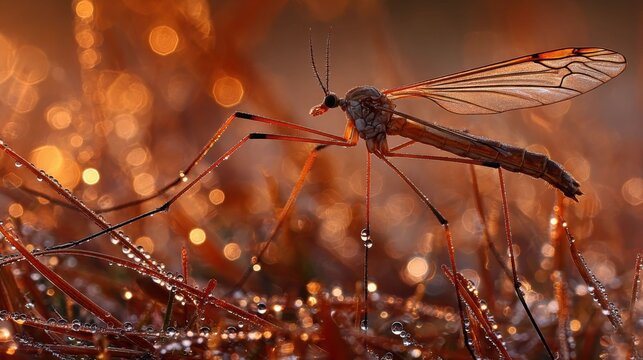 Close-up view of a delicate crane fly with long, spindly legs resting on dewy grass with a blurred, warm bokeh background.