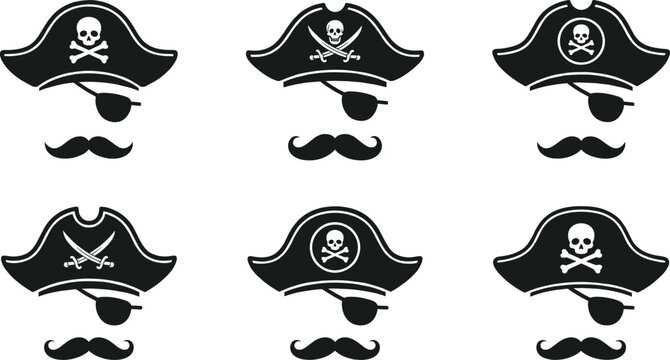 Pirate captain hat with eyepatch and mustache flat vector silhouette icon collection for nautical gaming design elements