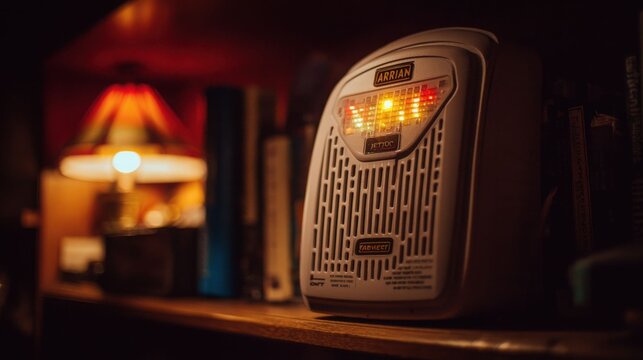 Compact broadband modem with illuminated indicator lights on a shelf