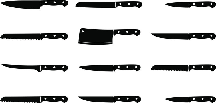 Professional kitchen knife vector silhouette collection with chef blades and cleaver for restaurant menu design
