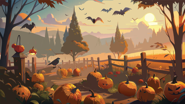 Eerie halloween farmstead landscape with pumpkins and bats halloween landscape seasonal nightfall countryside celebration background illustration environment frightening atmospheric