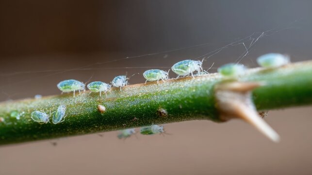 Row of tiny green aphids crawling in a line along a plant stem, showcasing a common garden pest in detail