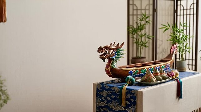 Traditional Dragon Boat Displayed on Elegant Table with Bamboo Plants