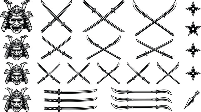 Vector samurai helmet and traditional japanese weapon icon set with katanas shurikens and kunai for gaming logos