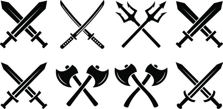 Vector silhouette collection of crossed medieval swords battle axes and tridents for gaming inventory interface icons