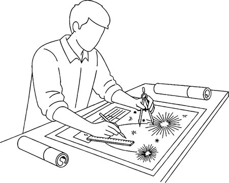 Architect working on blueprints with drafting tools.