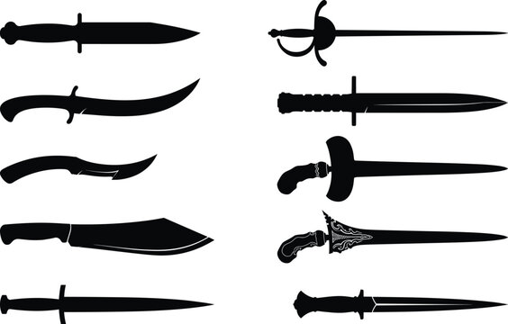 Vector silhouette collection of historical daggers combat knives and traditional blades for gaming asset icons