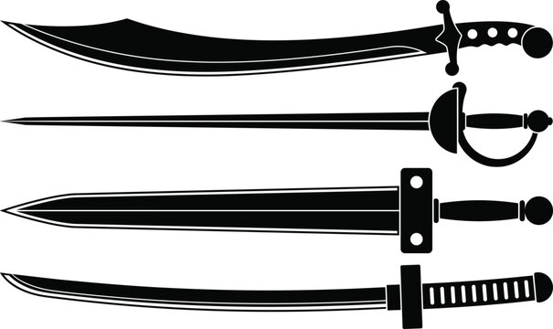 Vector silhouette collection of historical swords rapier scimitar and broadsword for video game assets