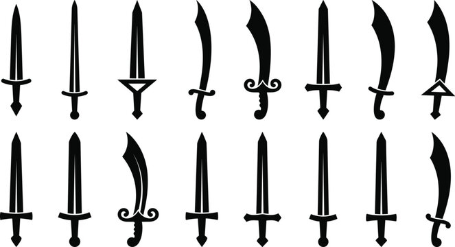 Vector silhouette collection of medieval swords daggers and scimitars for gaming ui and logo design