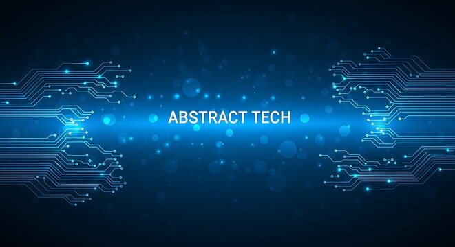 Abstract blue technology background with circuit board patterns and glowing lights.