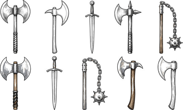 Vintage sketch vector collection of medieval weapons battle axes daggers and flails for RPG gaming assets