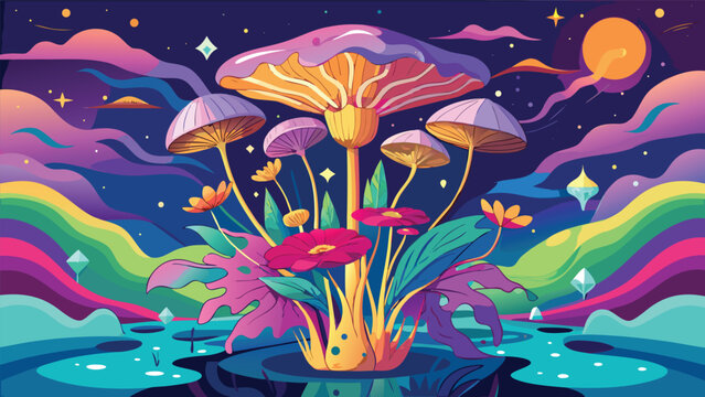 Fantasy mushroom landscape under starry night sky with mushroom landscape psychedelic colorful botanical dreamscape celestial ethereal mystical visionary illustration creative background