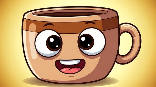 Cute cartoon coffee mug with happy face design.