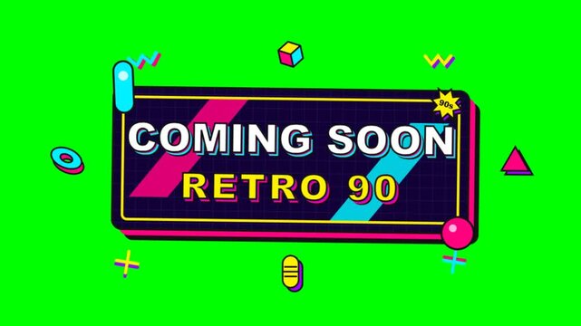 A colorful graphic design with a retro theme features a coming soon announcement on a green background with various shapes.