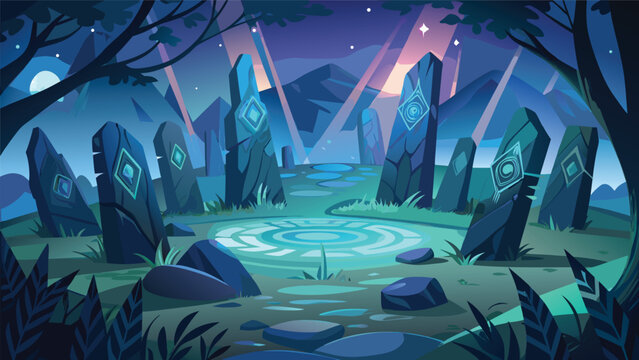 Fantasy ancient druid stone circle in enchanted forest night with landscape monolith mystical mythology mysterious archaeology monument environment structure ethereal background monolithic