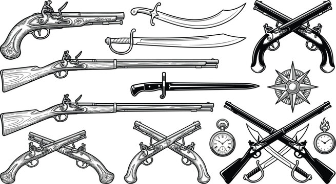 Vintage vector sketch collection of flintlock pistols muskets and swords for pirate gaming icons or tattoos