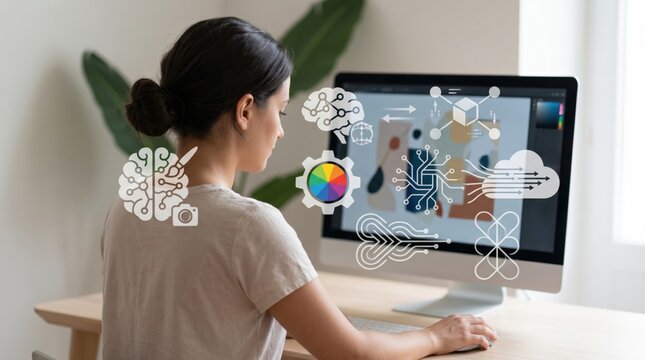 Woman working on computer with creative ai brain icons overlay, representing neural networks and machine learning algorithms for graphic design and digital content creation