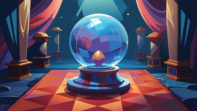 Mystical crystal ball on an ornate pedestal in a dark grand hall with mystical esoteric prediction interior supernatural background architecture decorative illustration mysterious enchanted