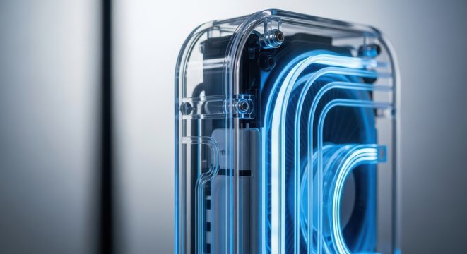 Transparent PC case with blue neon liquid cooling system detail