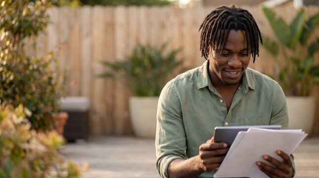 Generative AI,Smiling Black man reviewing documents with tablet outdoors
