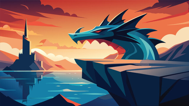 Fantasy blue dragon head perched on a cliff at sunset by a castle with mythical creature landscape adventure dramatic mountains fairytale illustration medieval majestic artistic background