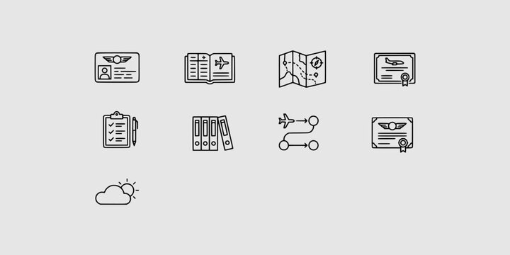 Icon set collection of aviation documentation, flight planning, navigation maps, certification, and regulatory paperwork for pilots and flight crews.