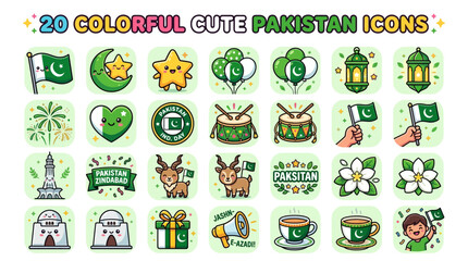 Obraz premium Colorful Pakistan icons with smiling faces and flags