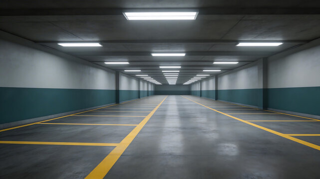 Empty parking garage with yellow lines