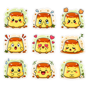 Caramel Flan Reaction Sticker Icon Set with Cute Kawaii Dessert Character Mood Expressions
