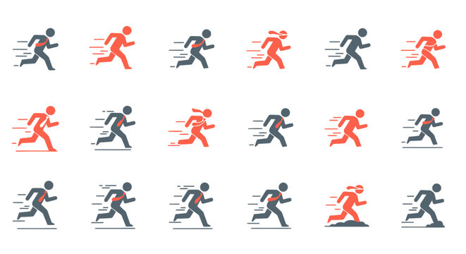 Multiple running human icons in motion.