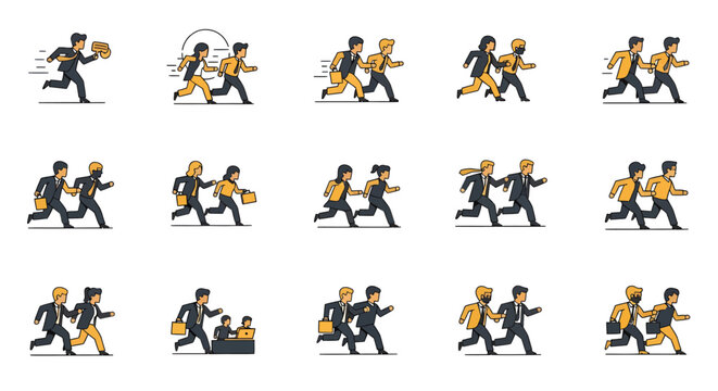 Businessman running with briefcases and documents.