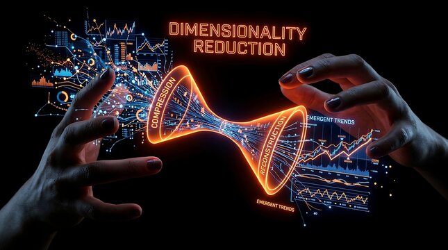 Dimensionality reduction concept with holographic data and hands.