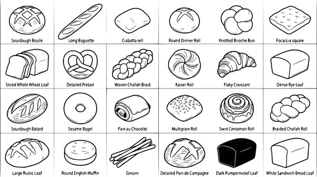 Bread Rolls Icon Set with Assorted Loaves, Buns, Bagels, Croissants, and Sandwiches in Clean Line Art Style