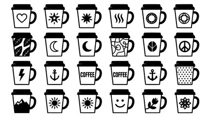 Coffee Cup Icons Set in Black and White Vector Style with Hearts, Stars, Lightning, Anchors, and Patterns © BundleNinja