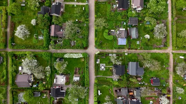 Aerial view of allotment gardens with small wooden houses and lush green plots in Helsinki, Uusimaa, Finland.