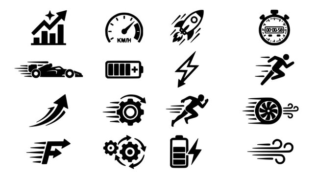 Vector Icons Set with Black and White Travel, Transport, Energy, and Success Symbols in a Minimalist Style