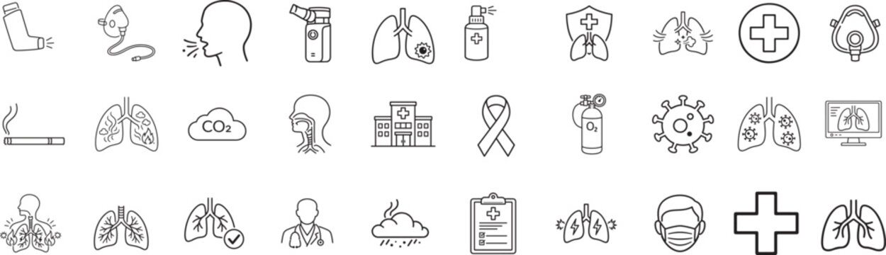 Lung disease line icons for respiratory health, breathing disorders, and medical care.