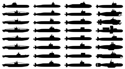 Submarines Silhouette Set of 24 Black Underwater Vessels in Rows for Naval Warfare Vector Illustration © BundleNinja