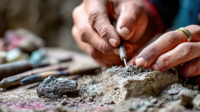 Documentary storytelling of artisan hands crafting detailed sculpture with clay and tools in dusty workspace brand creativity