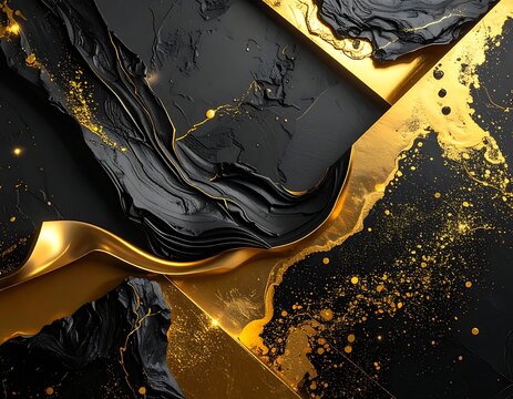 A dark abstract artwork with gold accents and splatters