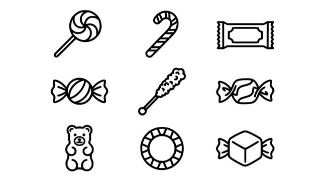Candy Assortment Icon Set with Nine Different Hand Drawn Sweets, Including Lollipop, Swirls, Wrapped Pieces, and Striped Treats