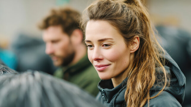 Young woman smiling outdoors with man in background capturing documentary storytelling moment for brand campaign