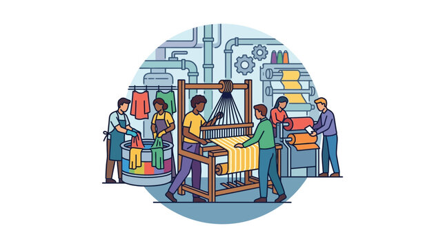 Textile Factory Workers Operating Looms and Machinery