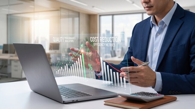 Businessman analyzing holographic data charts for cost reduction and quality performance metrics on futuristic interface, corporate strategy concept